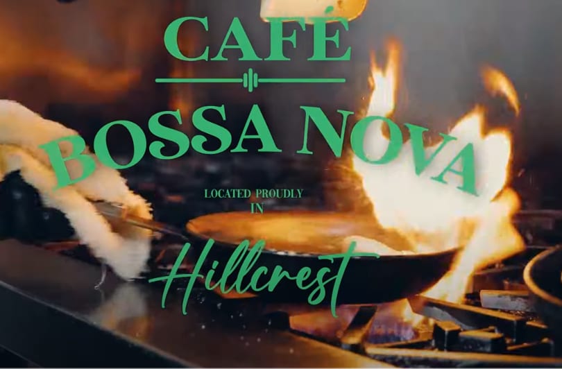 Chef cooking with a flaming pan on a stove, with "Cafe Bossa Nova" text overlay.